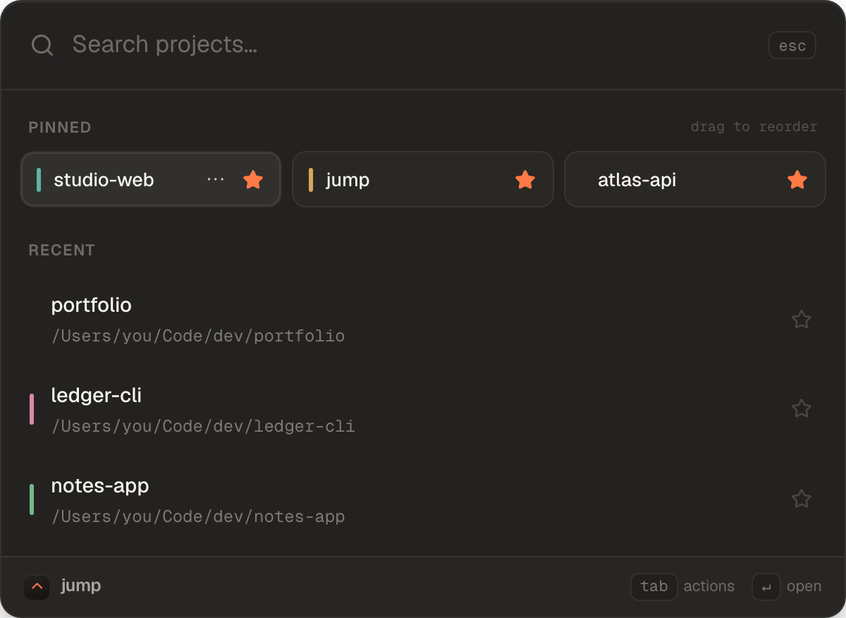 Jump showing pinned projects and recently opened projects